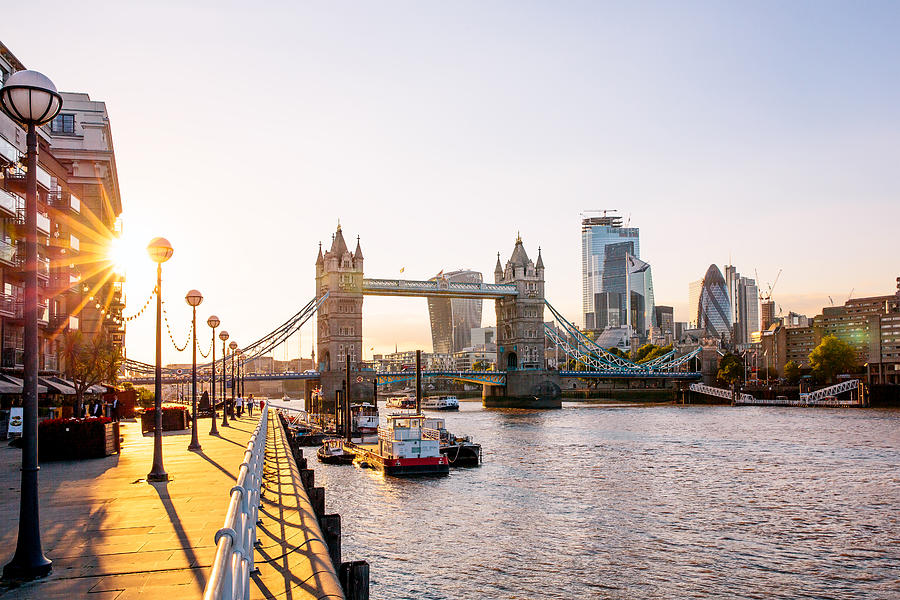 London skyline with Tower Bridge and skyscrapers of London City at sunset, England, UK Photograph by Alexander Spatari