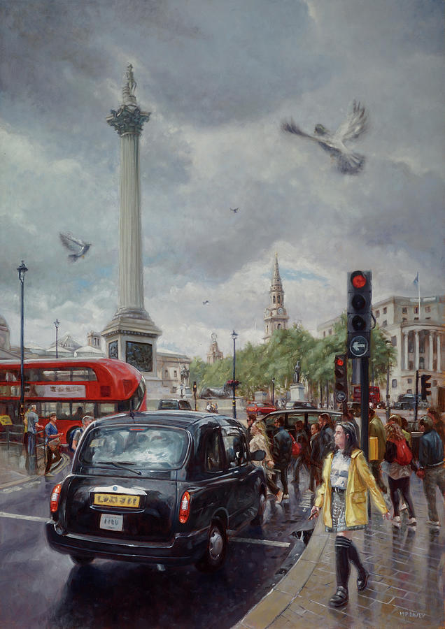 London taxi near Nelsons Column in the rain Painting by Martin Davey