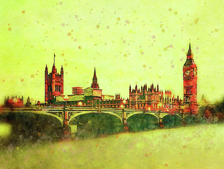London Thames River View Watercolor Painting Digital Art by Shelli Fitzpatrick