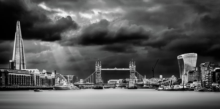 London tower bridge and skyline in long exposure - Black and white photo Photograph by Stephan Grixti
