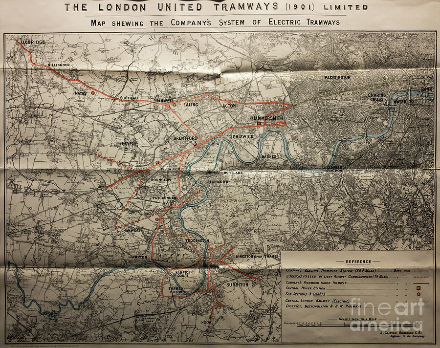 London Tramway Map 1901 Drawing by M G Whittingham