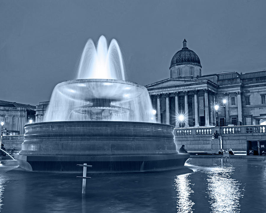 London UK Fountain Trafalgar Square United Kingdom Monochrome Blue Photograph by Toby McGuire