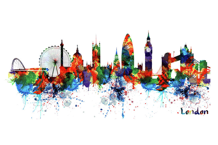 London Watercolor Skyline Silhouette Painting by Marian Voicu