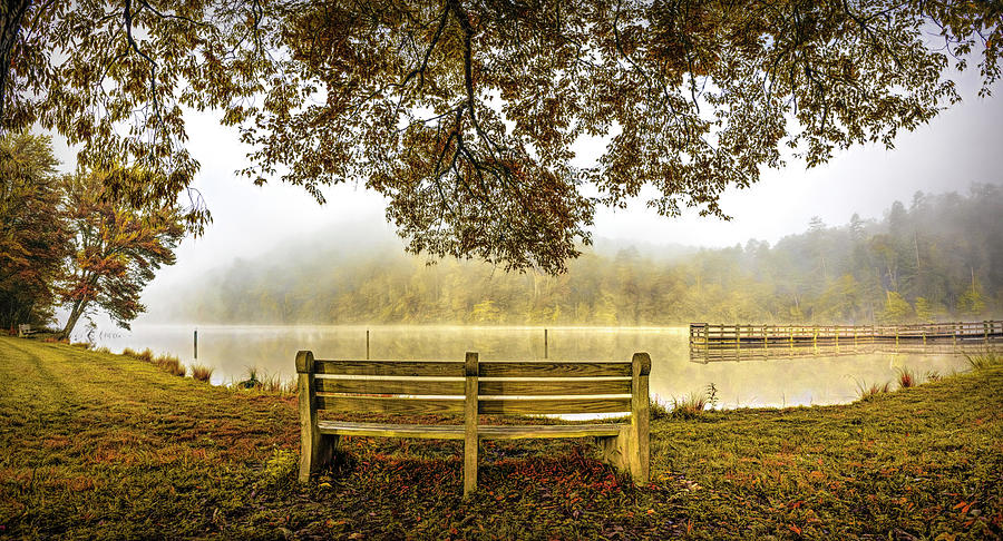 Lone Bench at the Autumn Lake Photograph by Debra and Dave Vanderlaan