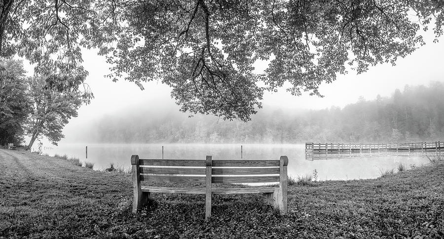 Lone Bench at the Lake Black and White Photograph by Debra and Dave Vanderlaan