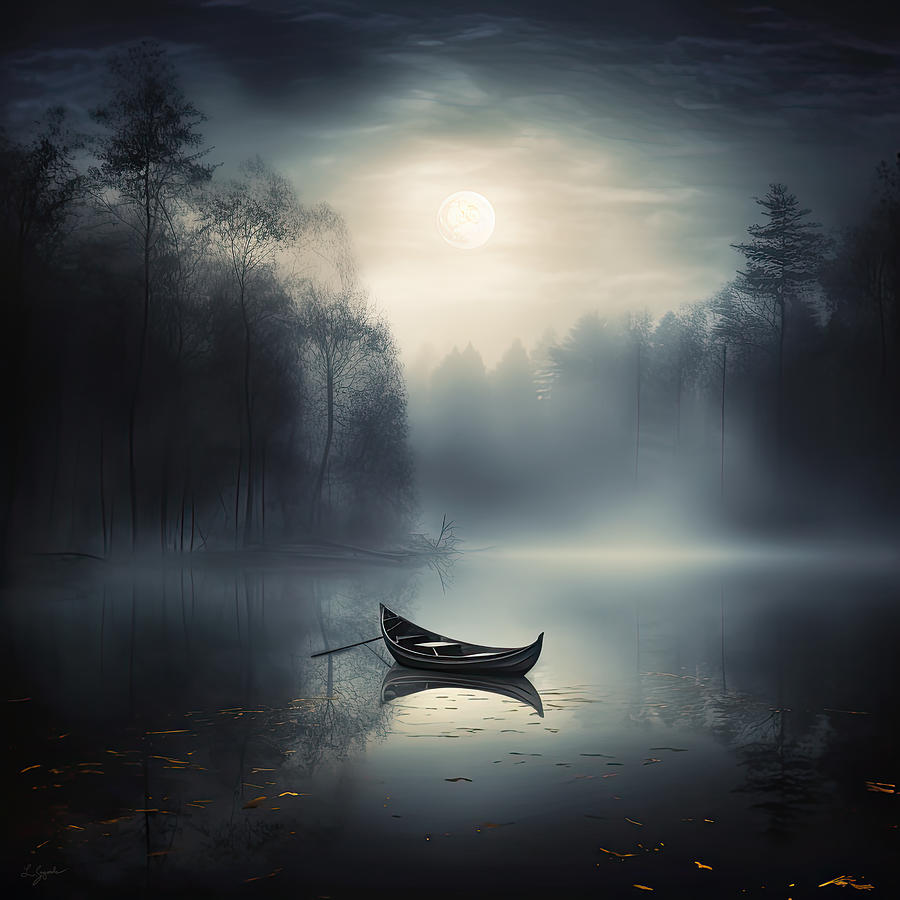 Lakeside Painting - Lone Boat in a Moonlit Mist by Lourry Legarde