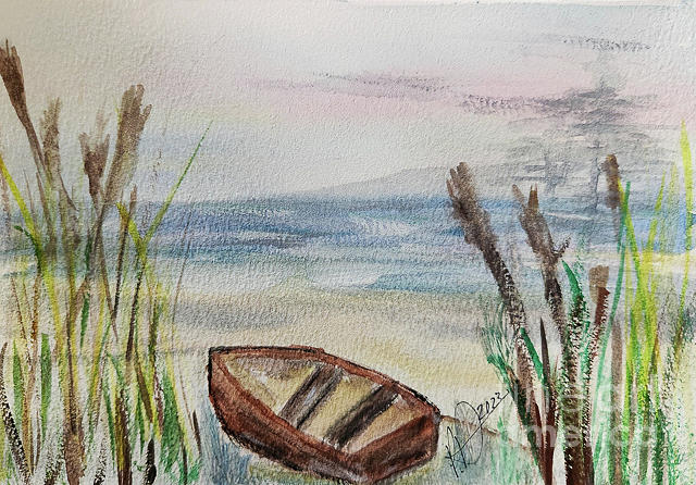 Lone Boat on Beach Painting by Patti Powers