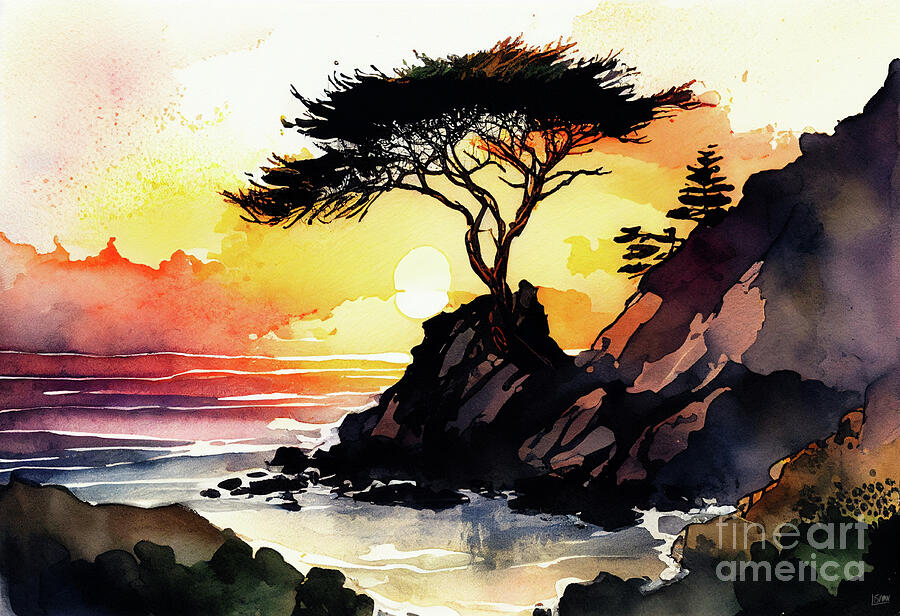 Sunset Digital Art - Lone Cypress Tree at Sunset by Lauras Creations