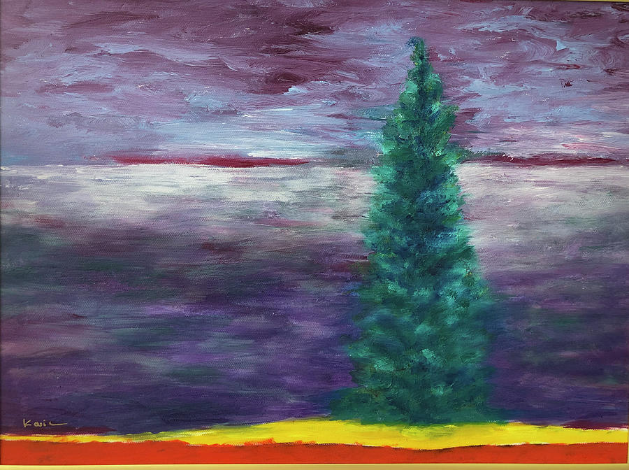 Lone Fir Tree Painting by Karin Eisermann
