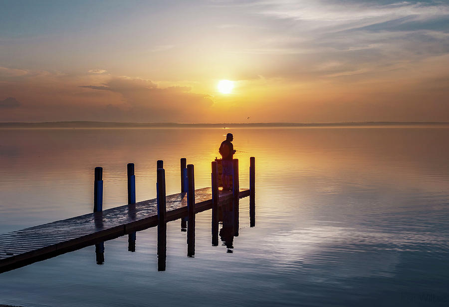 Pier Photograph - Lone Fisherman Sunrise by Ron Wiltse