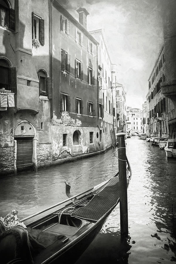 Lone Gondola Venice Italy Black and White  Photograph by Carol Japp