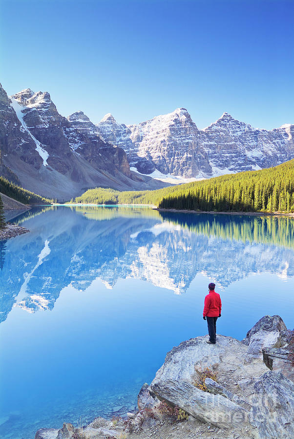Lone Hiker At Moraine Lake Canadian Rockies Photograph By Neale And