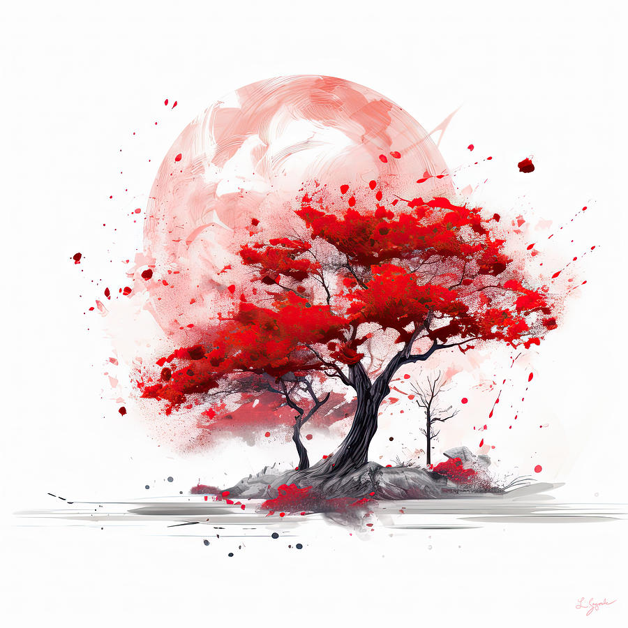 Maple Tree Painting - Lone Red Autumn Tree with Splashes of Vibrant Red Against a White Background and Red Moon by Lourry Legarde
