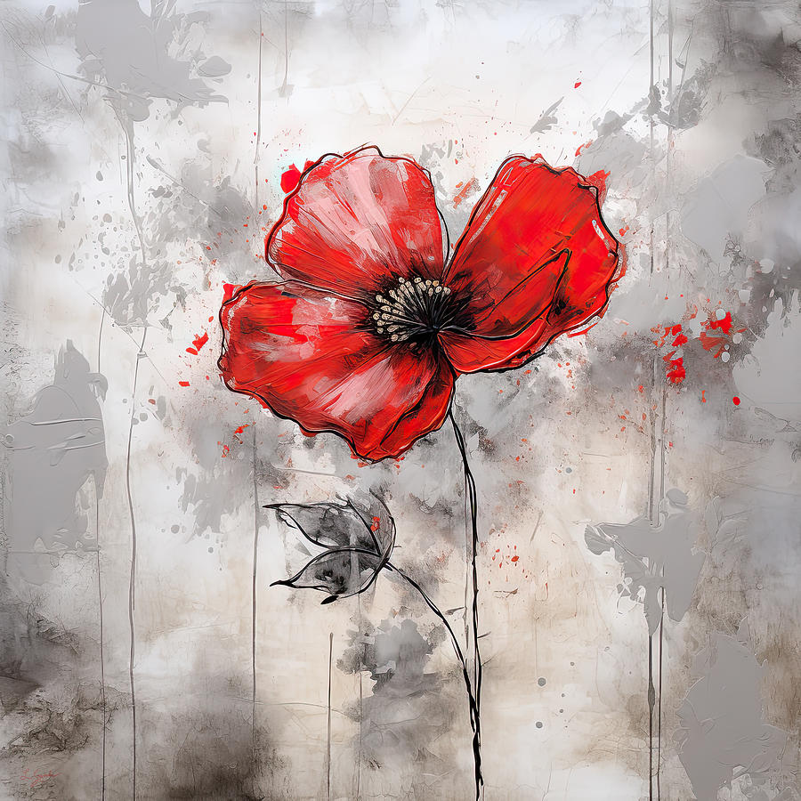 Lone Red Poppy - Symbol of Resilience and Hope Painting by Lourry Legarde