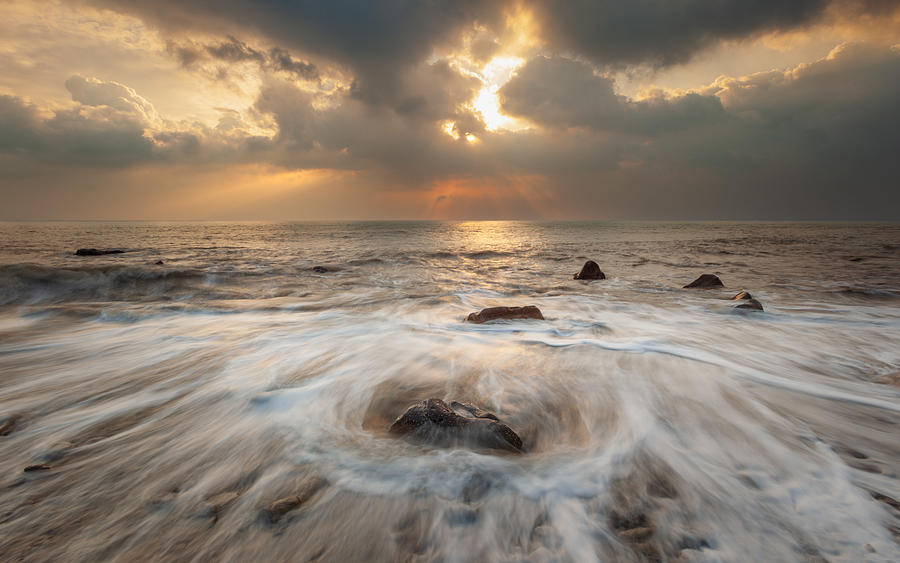 Lone Rock, White Waves and Golden Sunset Photograph by Sunrise@dawn Photography
