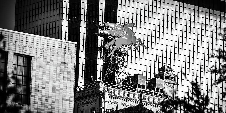 Lone Star Flying Pegasus Monochrome Panorama - Dallas Texas Photograph by Gregory Ballos