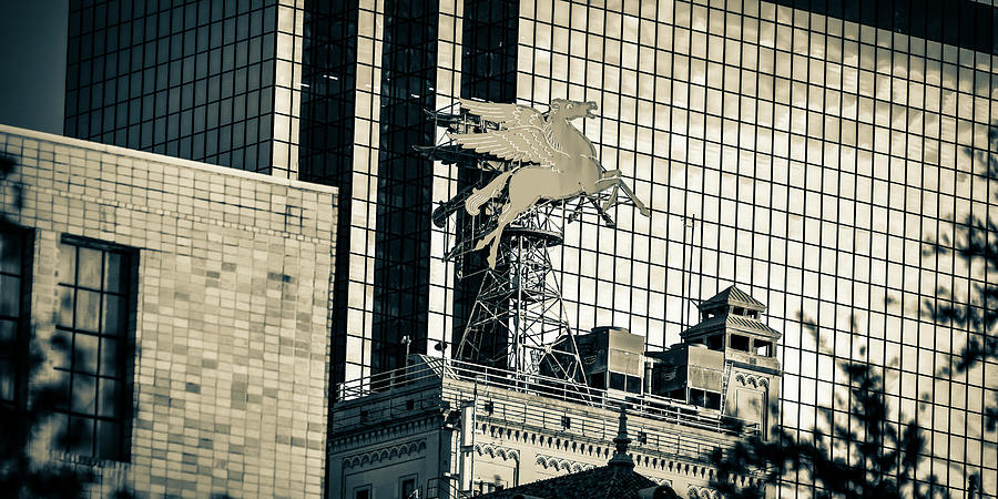 Lone Star Flying Pegasus Sepia Monochrome Panorama - Dallas Texas Photograph by Gregory Ballos