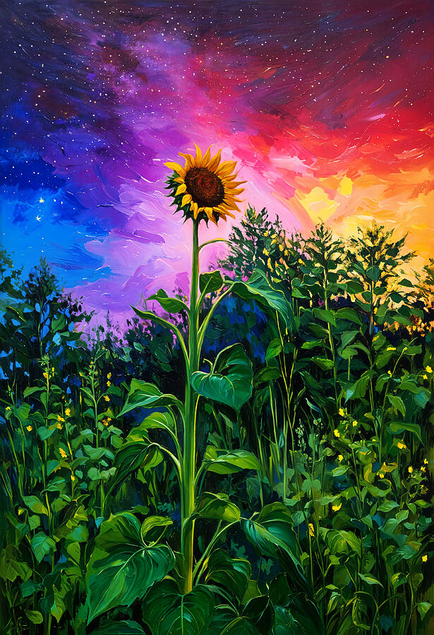 Lone sunflower under a colorful starry night sky - impressionist painting Digital Art by Nicko Prints Lone sunflower under a colorful starry night sky - impressionist painting Digital Art by Nicko Prints