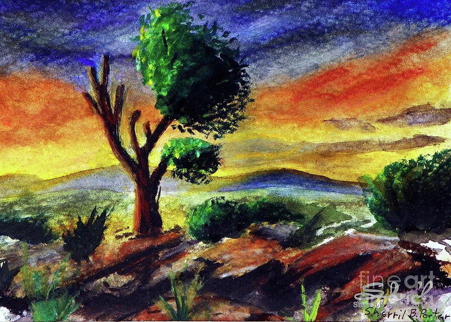 Lone Tree at Sunset Painting by Sherril Porter