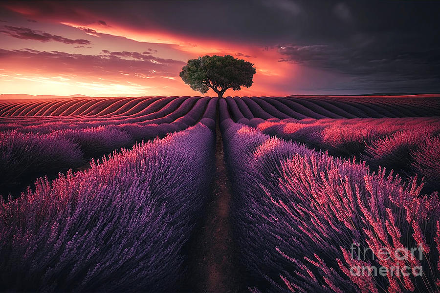 Sunset Photograph - Lone tree in a lavender field at sunset by Delphimages Photo Creations