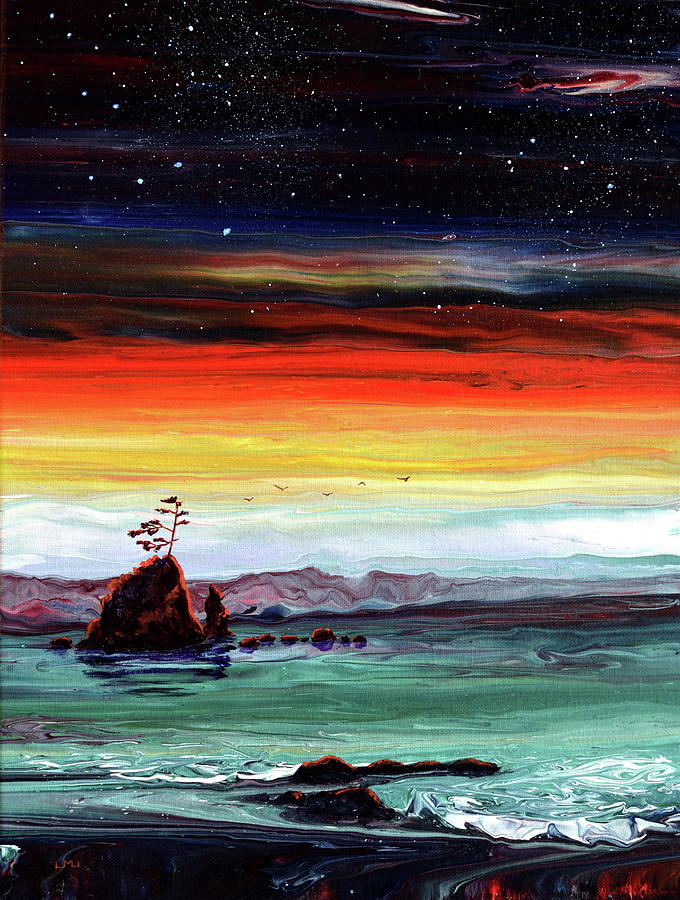 Lone Tree on a Sea Stack at Twilight Painting by Laura Iverson