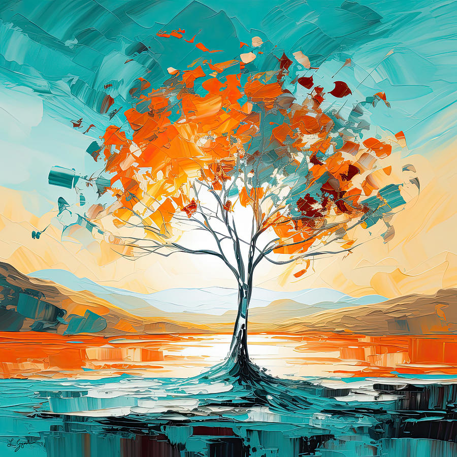 Lone Turquoise And Orange Tree Painting