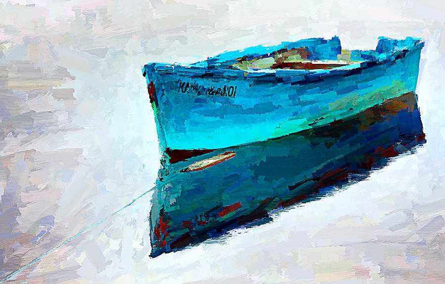 Lonely boat floating - digital painting Mixed Media by Tatiana Travelways