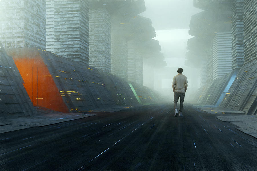Lonely man walking in futuristic dystopian city Photograph by Gremlin