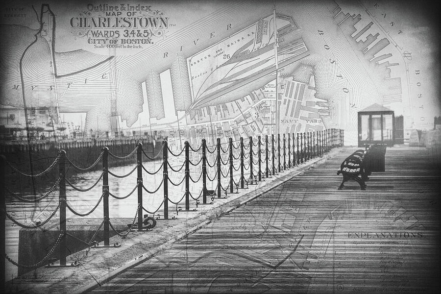 Lonely Pier Boston Massachusetts With Vintage Map Black and White Photograph by Carol Japp