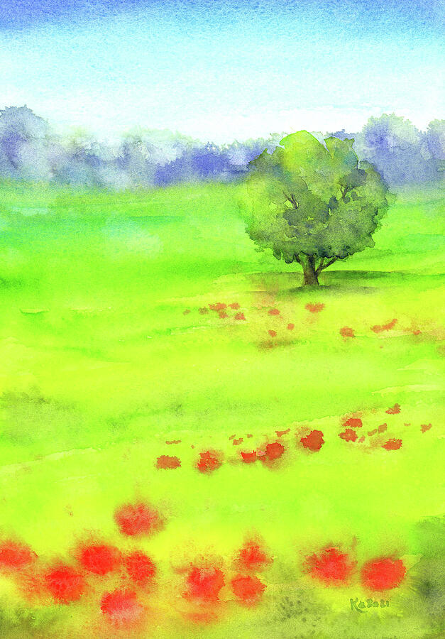 Lonely tree in a poppy meadow Painting by Karen Kaspar