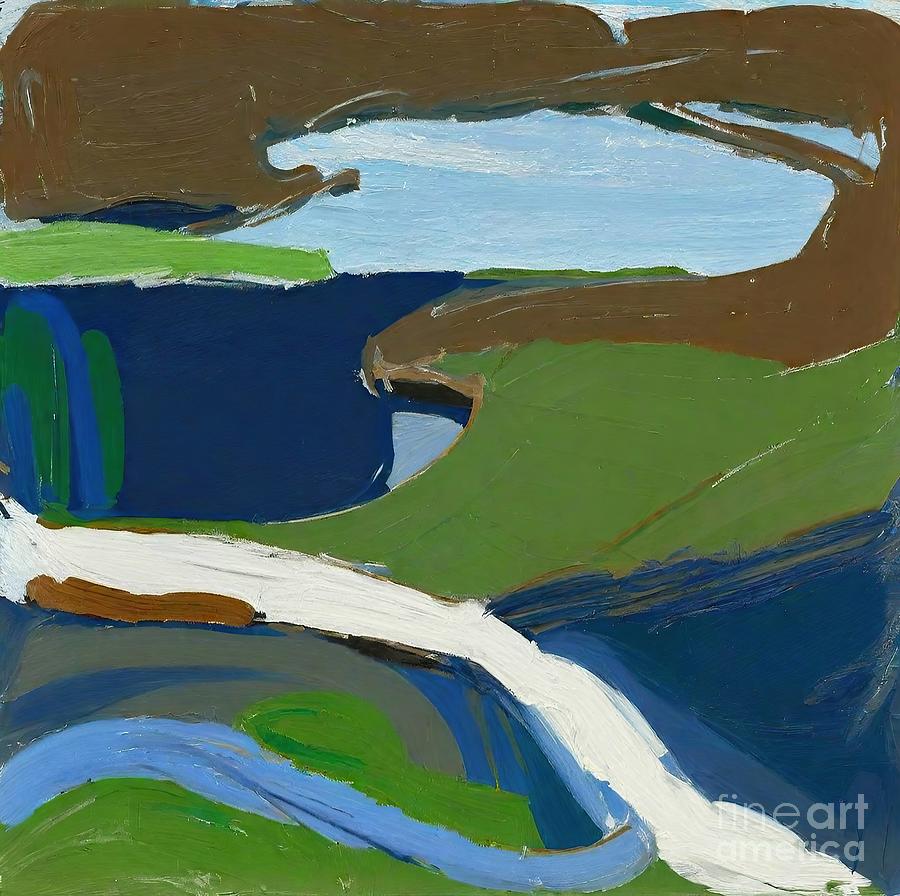 Abstract Painting - Lonely white mountain Painting Abstract landscape Green and blue road to the mountain white mountain lonely mountain meditative landscape dark sky night time painting on wood panel acrylic painting by N Akkash