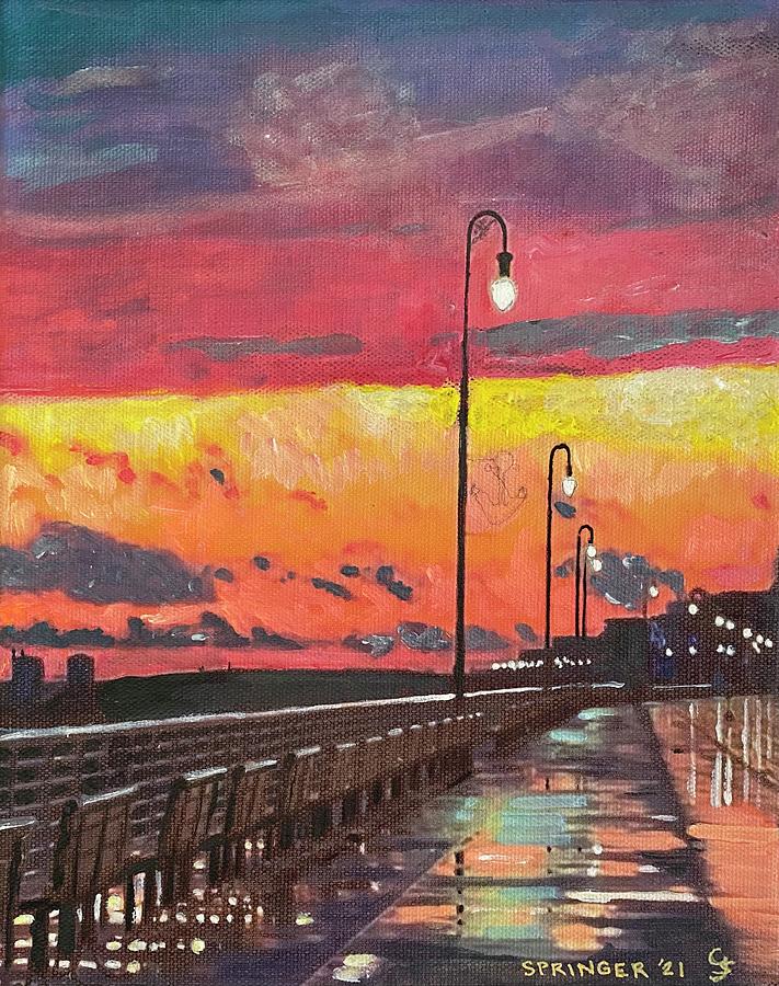 Long Beach Boardwalk at Dusk after the Rain Painting by Gary Springer