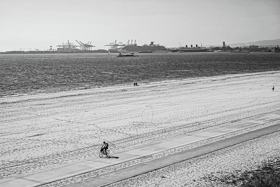 Long Beach California Bike Path and Port of LA in Background Black and White Photograph by Toby McGuire