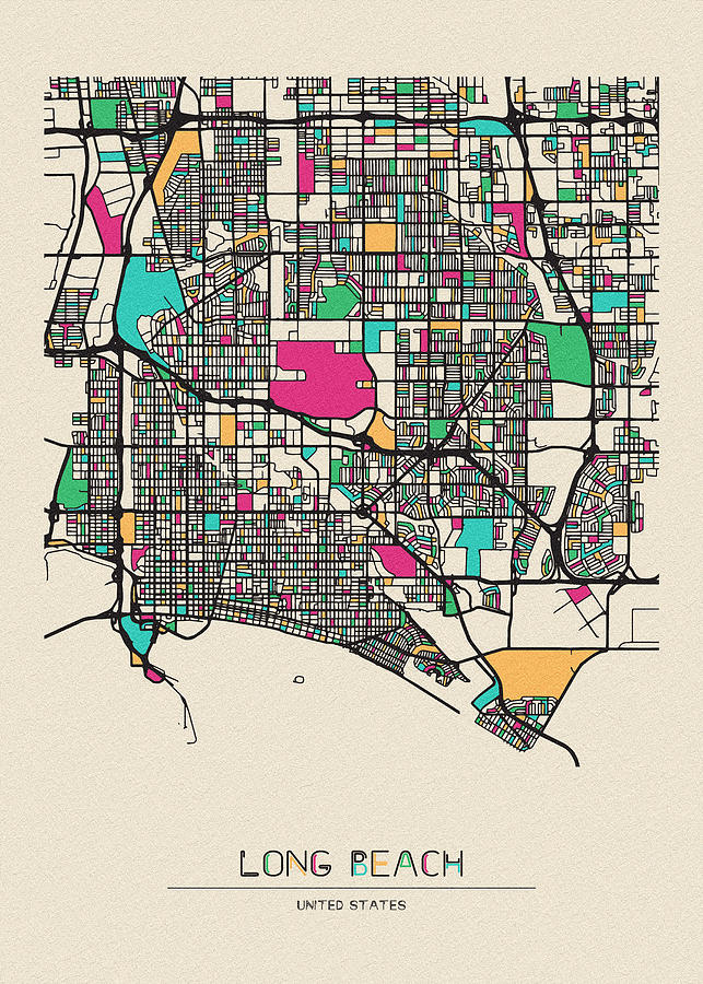 Long Beach, New York City Map Drawing by Inspirowl Design