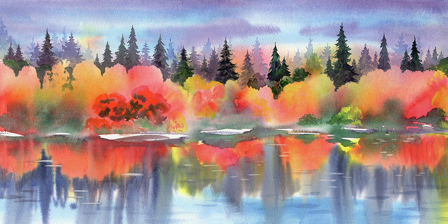 Long Beautiful Fall Landscape Watercolor Autumn Lake Painting by Irina Sztukowski