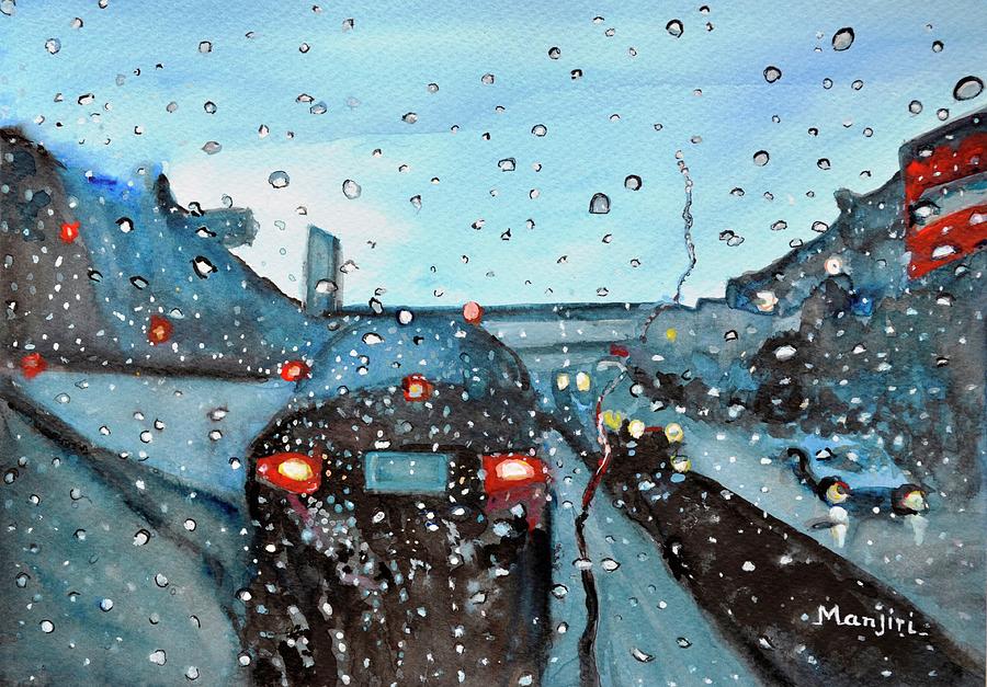 Long drive on Highway romantic rainy painting Painting by Manjiri Kanvinde