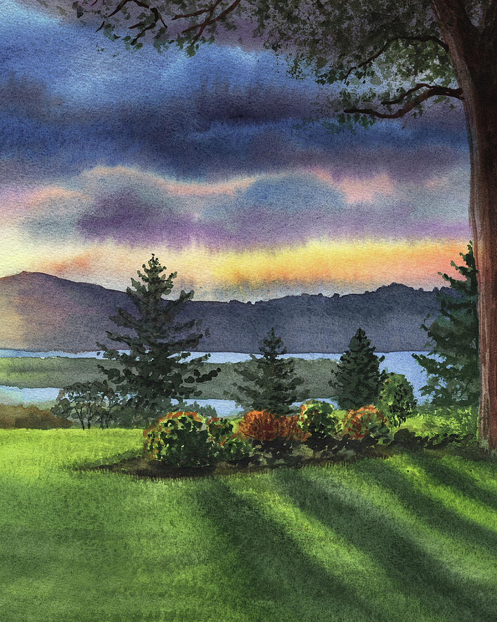 Long Evening Shadows Of The Sunset River Shore Watercolor  Painting by Irina Sztukowski