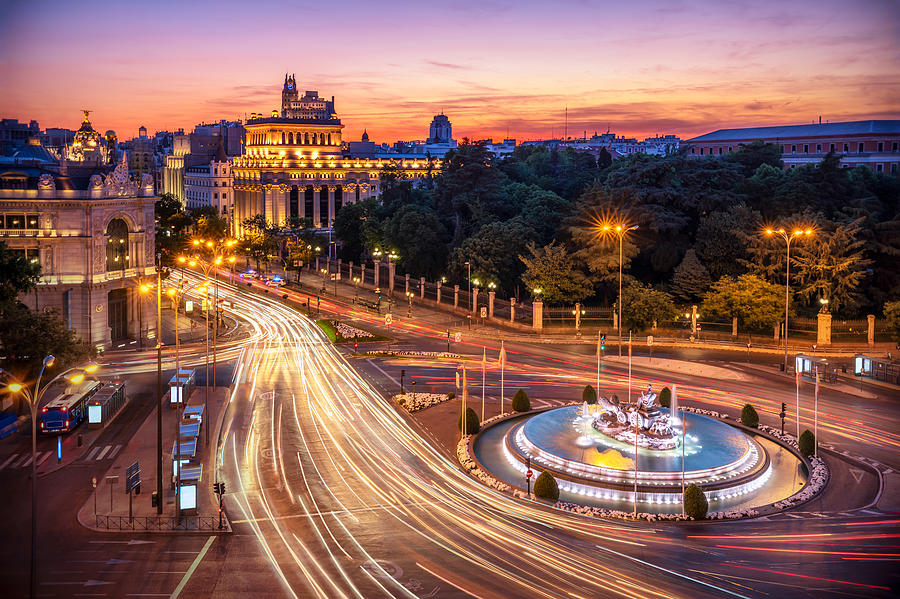 Long exposure Aerial view and skyline of Madrid with cibeles Fountain at dusk. Spain. Europe Photograph by Eloi_Omella