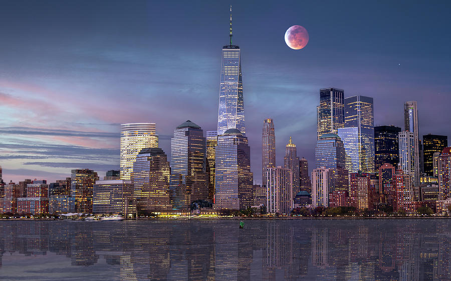 Long exposure Red Moon over Manhattan Photograph by Rod Gimenez - Fine