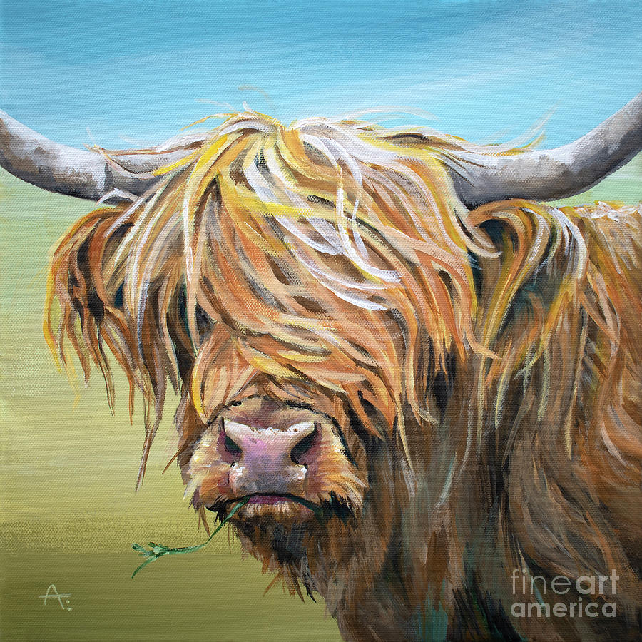Long Hair Dont Care - Highland Cow Painting by Annie Troe