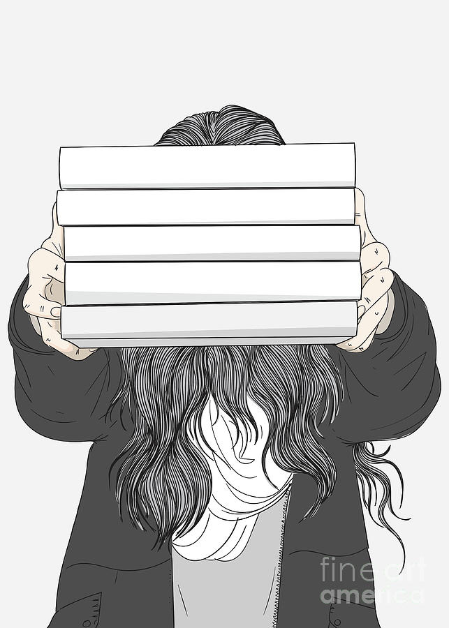 Long Haired Girl Holding A Book - Line Art Graphic Illustration Artwork Digital Art by Sambel Pedes