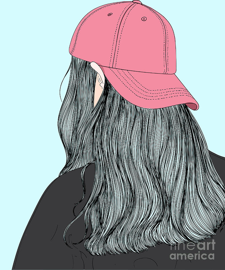Long Haired Girl Wearing A Red Hat - Line Art Graphic Illustration Artwork Digital Art by Sambel Pedes