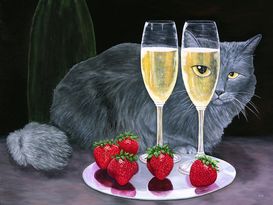 Long Haired Gray Cat with Champagne and Strawberries Painting by Karen Zuk Rosenblatt