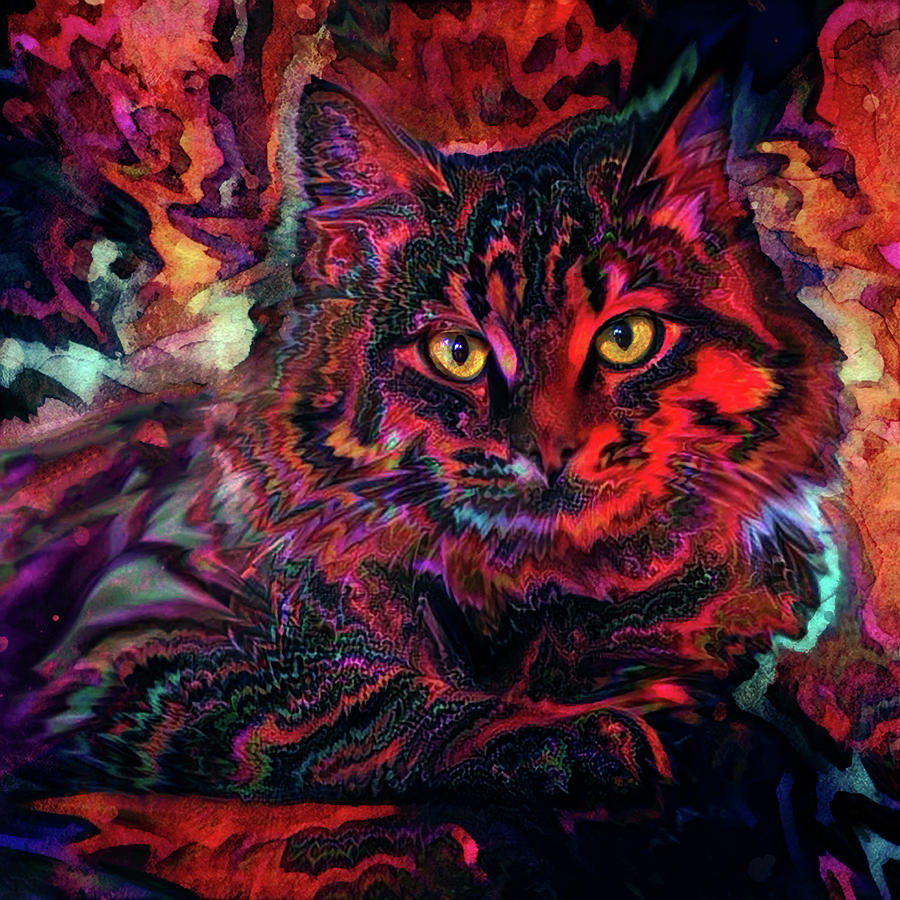 Long Haired Tabby Cat Art - Red Digital Art by Peggy Collins