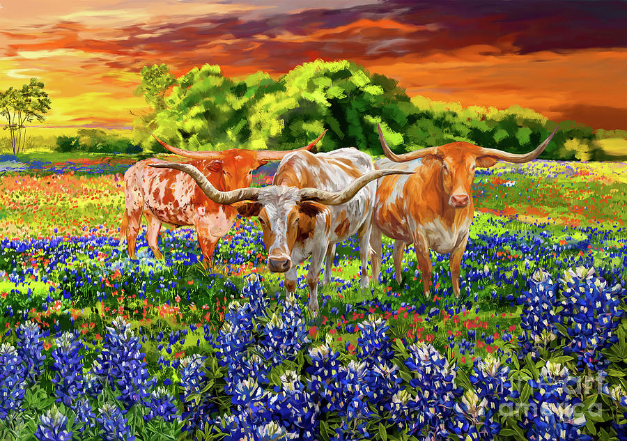 Long Painting - Long horns in a field in Texas by Tim Gilliland