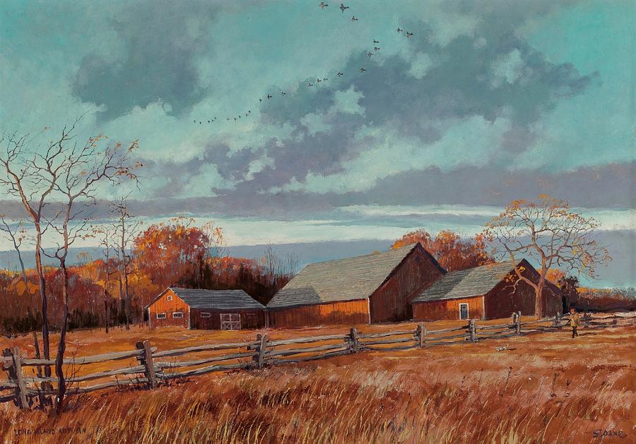Long Island Autumn - Idillic fall landscape with barns Painting by Eric Sloane