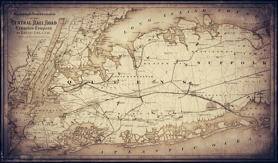 Long Island Central Rail Road Vintage Map 1873 Sepia Photograph by ...