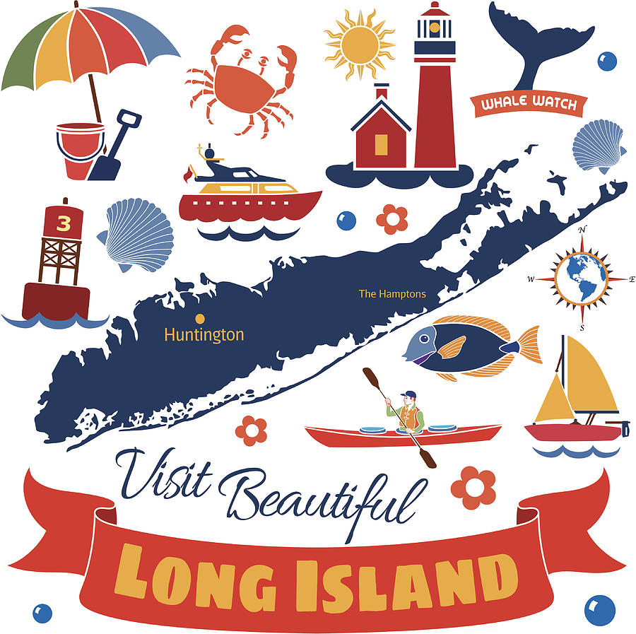 Long Island color  map with icons Drawing by Kathykonkle