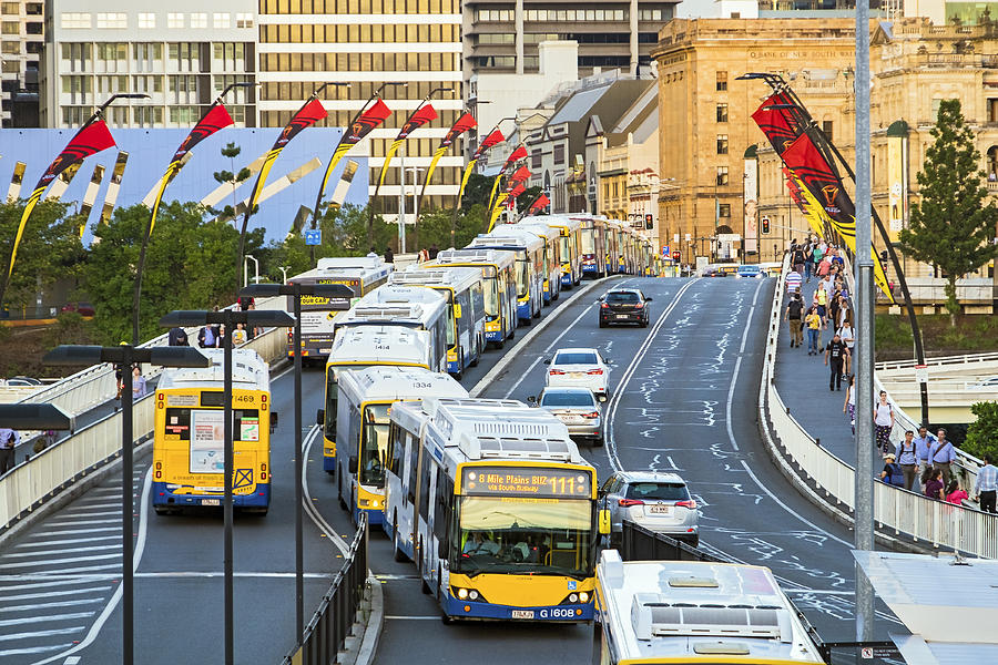 Long line of buses stopped on bridge in Brisbane, Queensland Photograph by BeyondImages