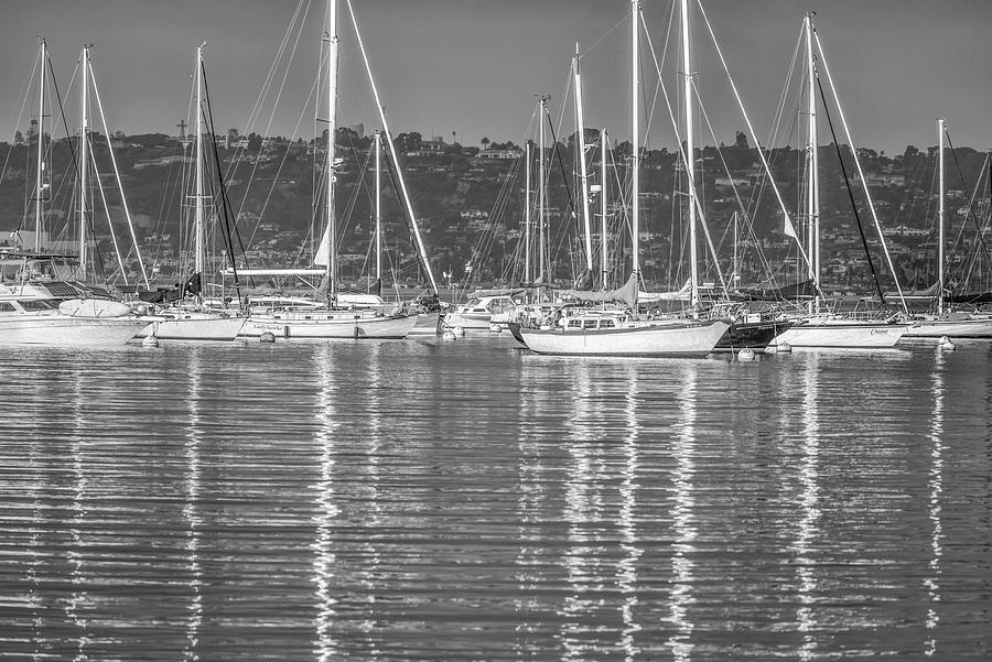 Boats Casting Long Reflection On San Diego Harbor Monochrome Photograph by Joseph S Giacalone